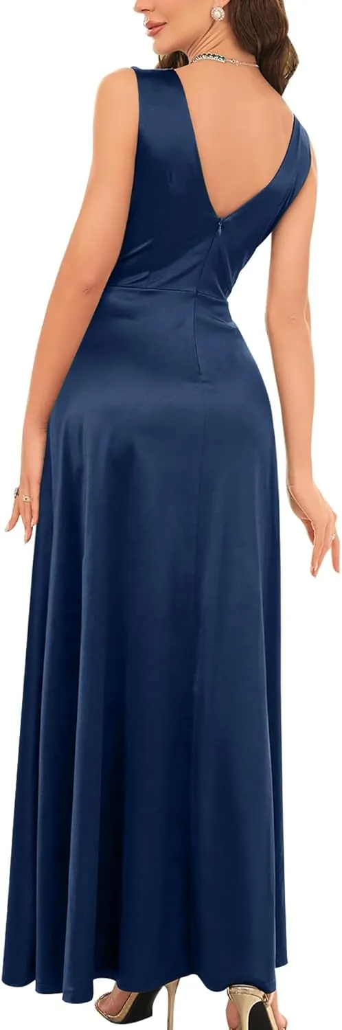 Women's Elegant Wrap V Neck Bridesmaid Prom High Slit Long Dress