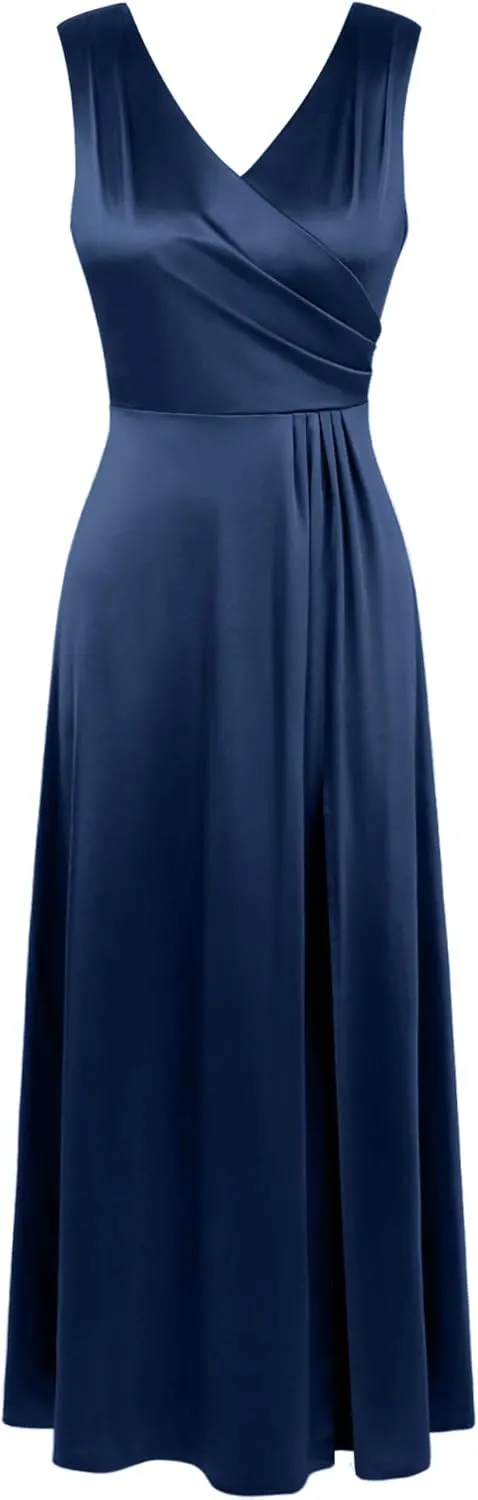 Women's Elegant Wrap V Neck Bridesmaid Prom High Slit Long Dress