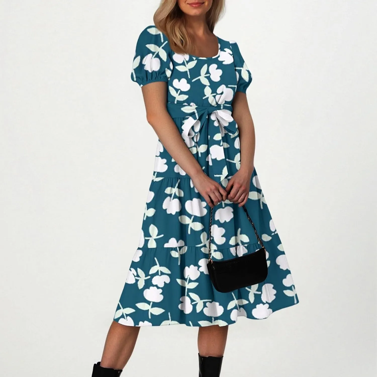 Women's Floral Print Bohemian Midi Dress with Short Sleeves and Waist Tie Casual Summer Beach Vacation Dresses
