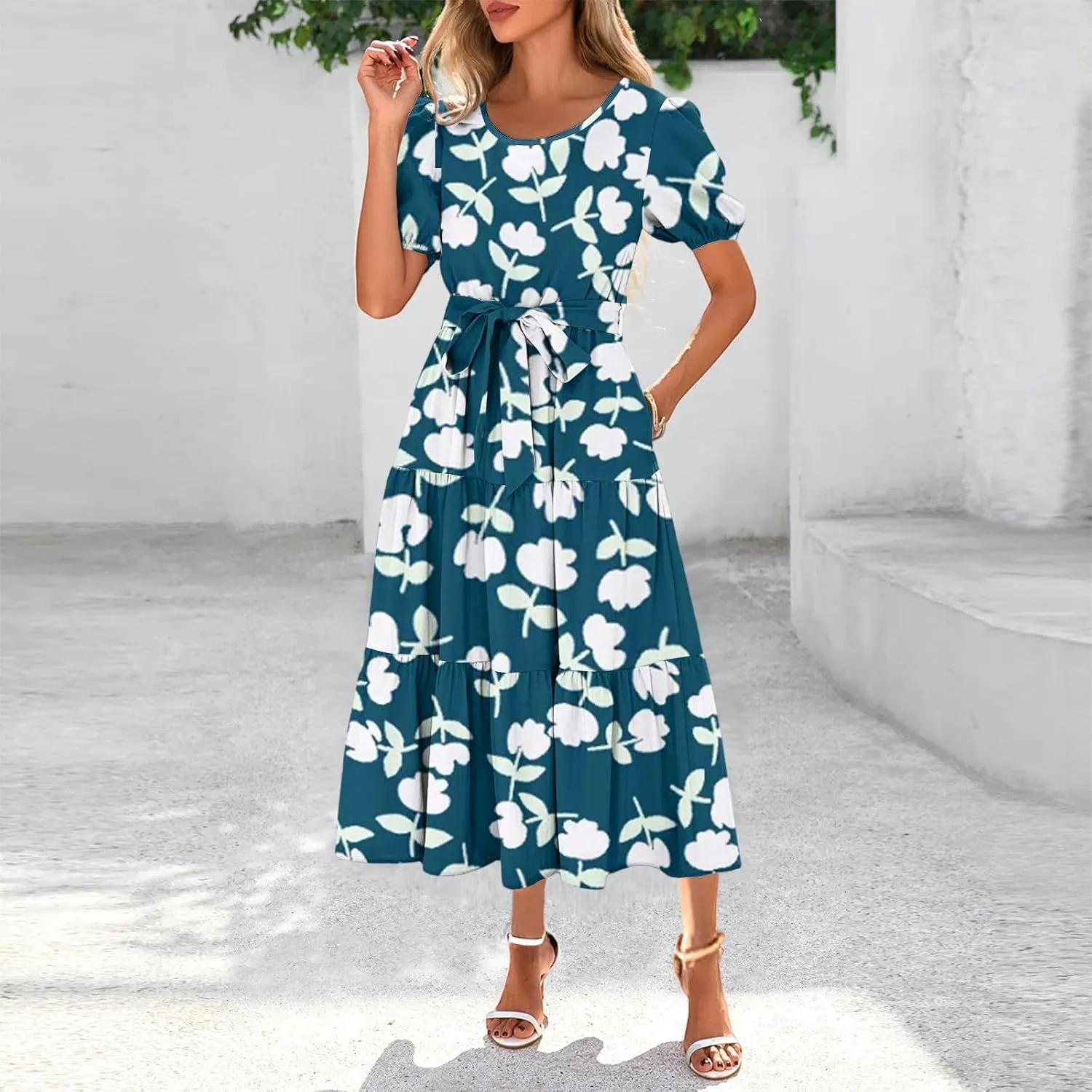 Women's Floral Print Bohemian Midi Dress with Short Sleeves and Waist Tie Casual Summer Beach Vacation Dresses
