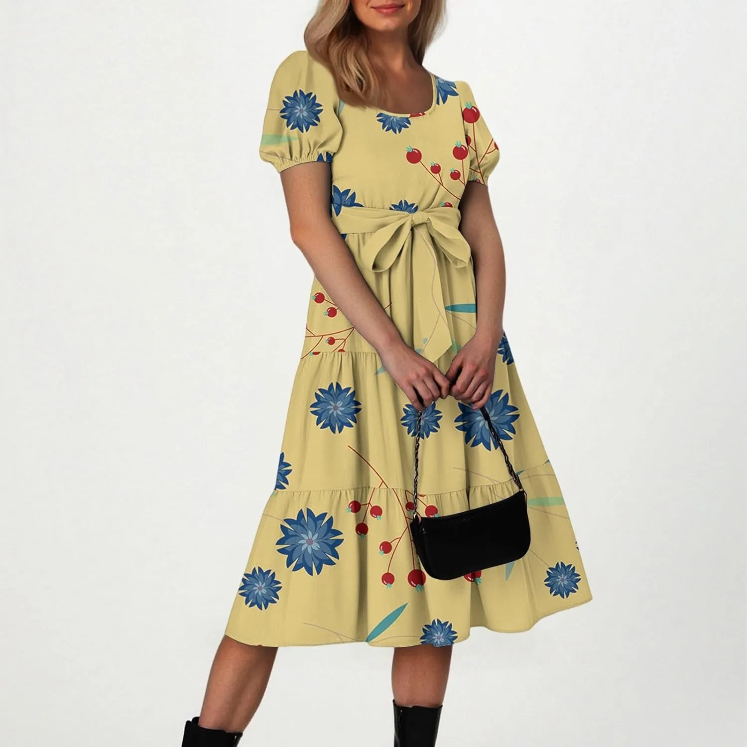 Women's Floral Print Bohemian Midi Dress with Short Sleeves and Waist Tie Casual Summer Beach Vacation Dresses