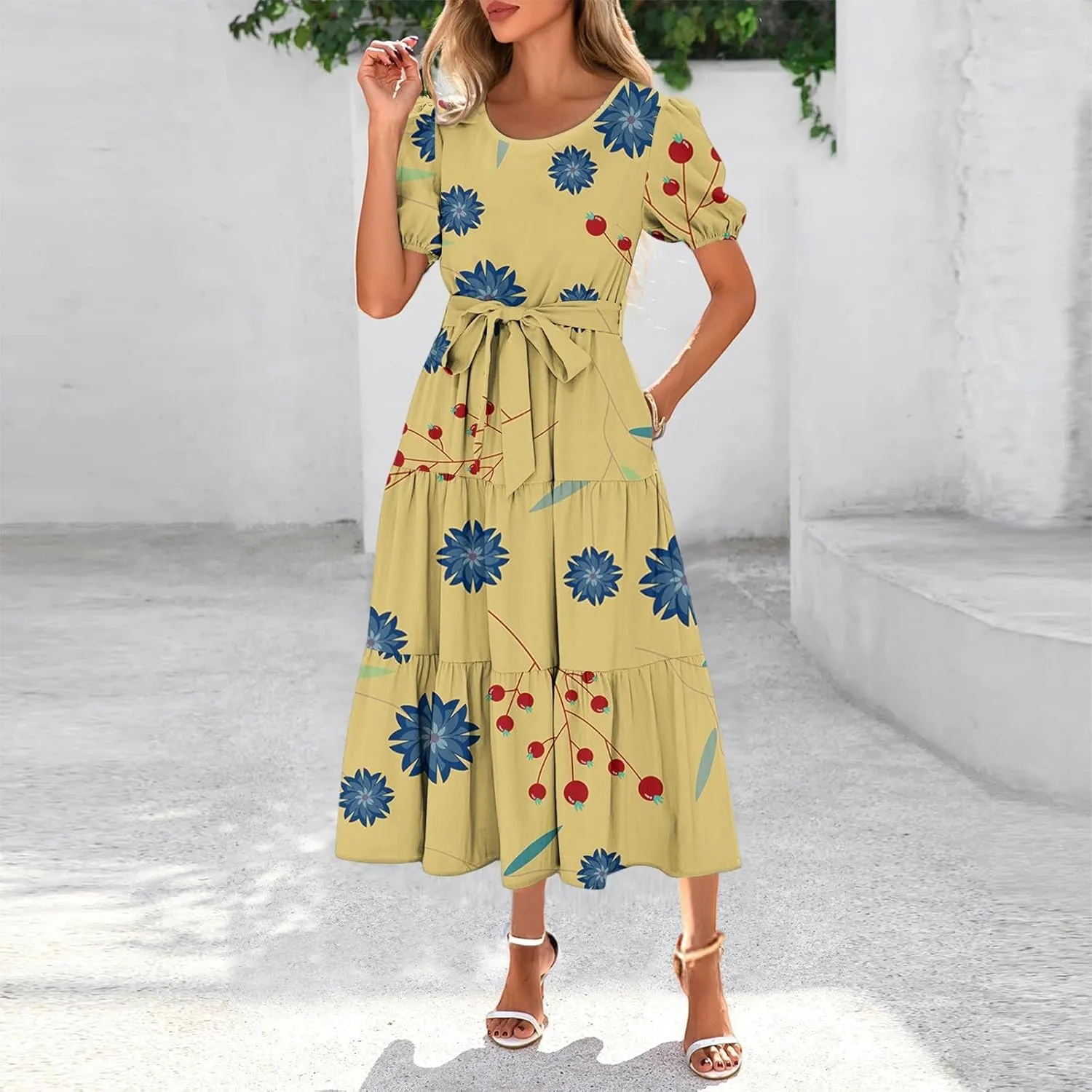 Women's Floral Print Bohemian Midi Dress with Short Sleeves and Waist Tie Casual Summer Beach Vacation Dresses