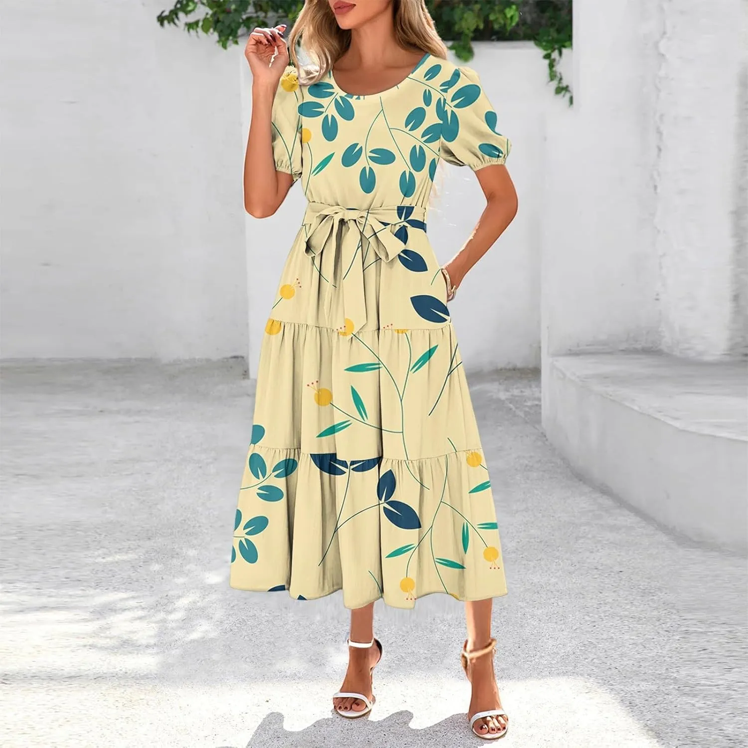 Women's Floral Print Bohemian Midi Dress with Short Sleeves and Waist Tie Casual Summer Beach Vacation Dresses