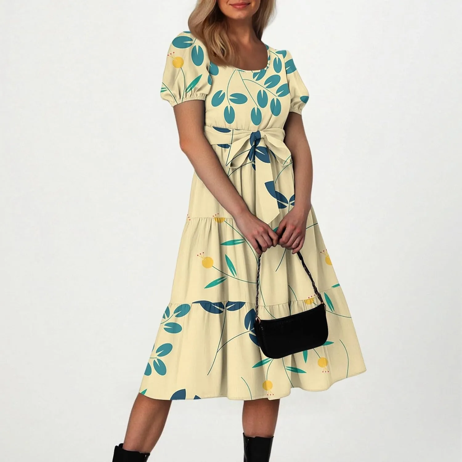 Women's Floral Print Bohemian Midi Dress with Short Sleeves and Waist Tie Casual Summer Beach Vacation Dresses