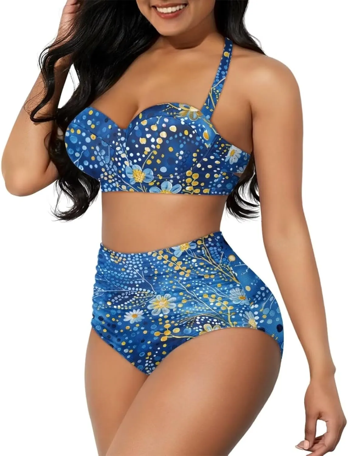 Women's Two Piece Swimsuits Sexy Tummy Control Bikini Sets High Waist Bathing Suits Ruched Ruffle Push Up for Women