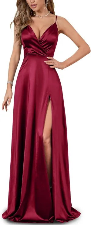 Women's Vintage 1950's Surplice V Neck Split Thigh Evening Party Formal Dress