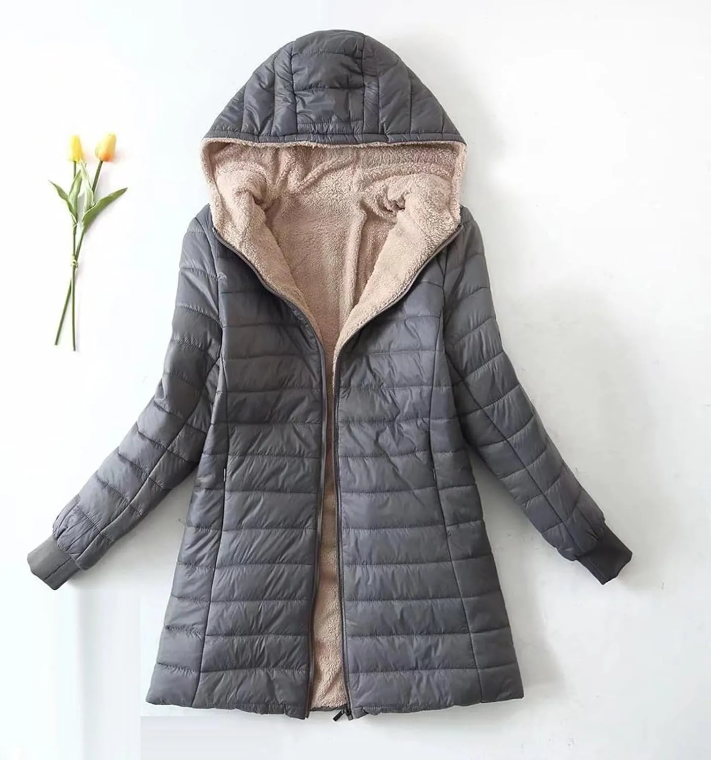 Womens Winter Coats Lightweight Puffer Jacket Fleece Lining Sherpa Jacket Casual Slim Mid-Length Fashion Outerwear