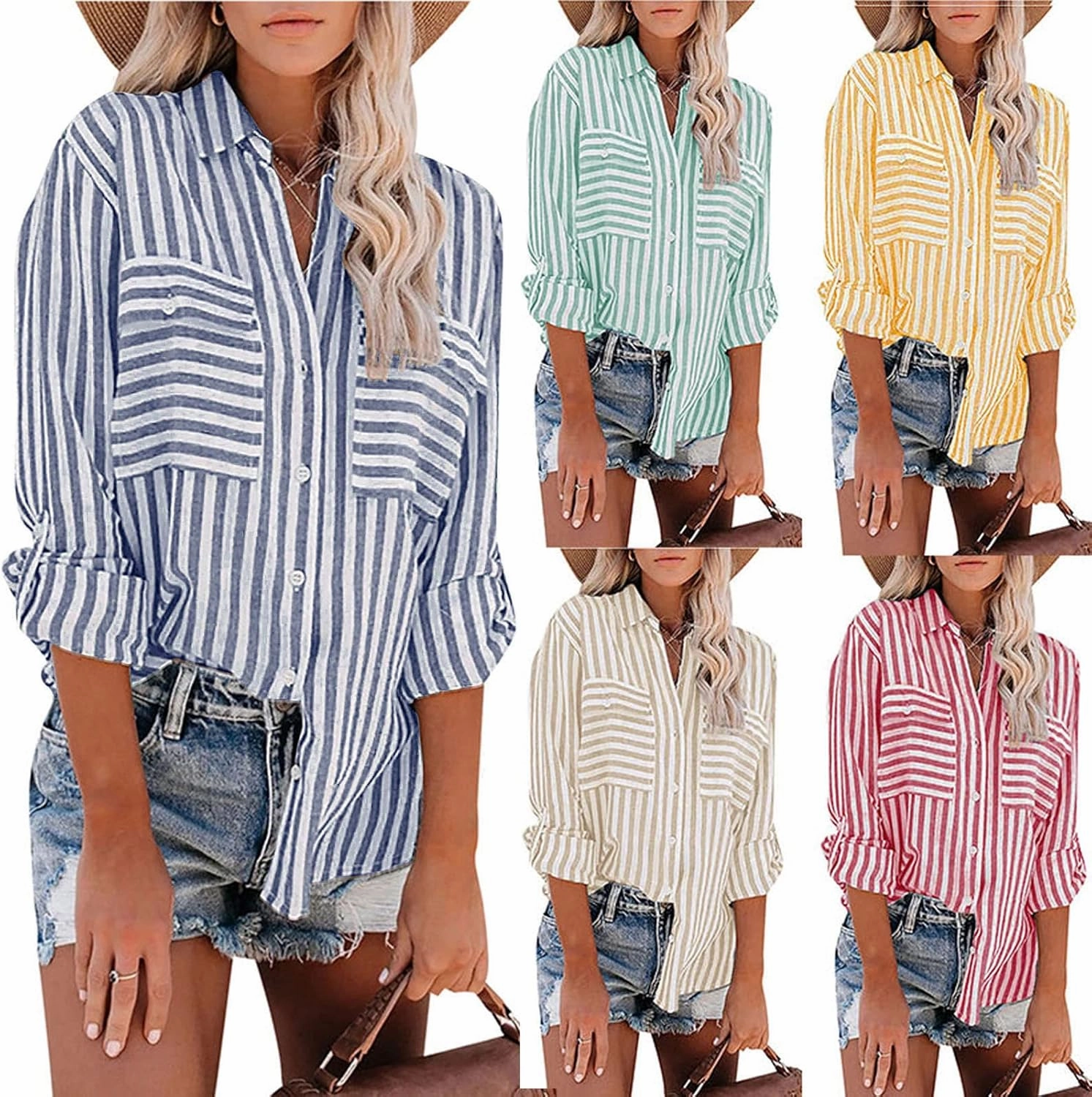 Womens Button Down Lapel Stripe Cotton Linen Shirts Long Sleeve Blouse Tops Fall Fashion Tops Dress Casual