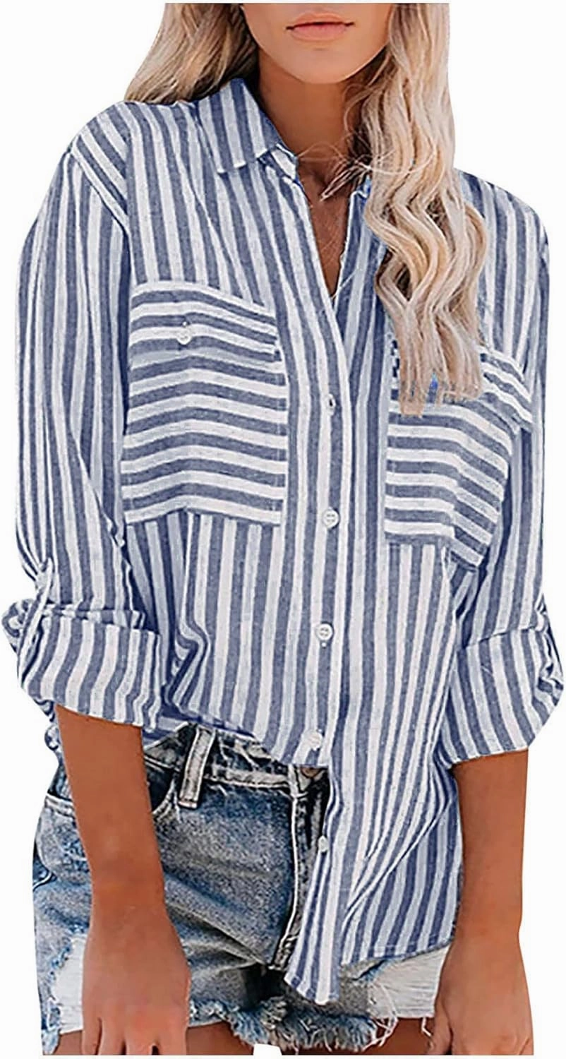 Womens Button Down Lapel Stripe Cotton Linen Shirts Long Sleeve Blouse Tops Fall Fashion Tops Dress Casual