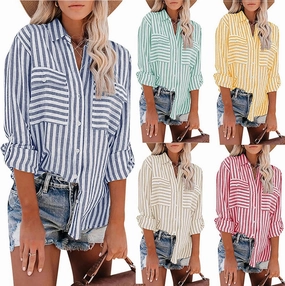 Womens Button Down Lapel Stripe Cotton Linen Shirts Long Sleeve Blouse Tops Fall Fashion Tops Dress Casual