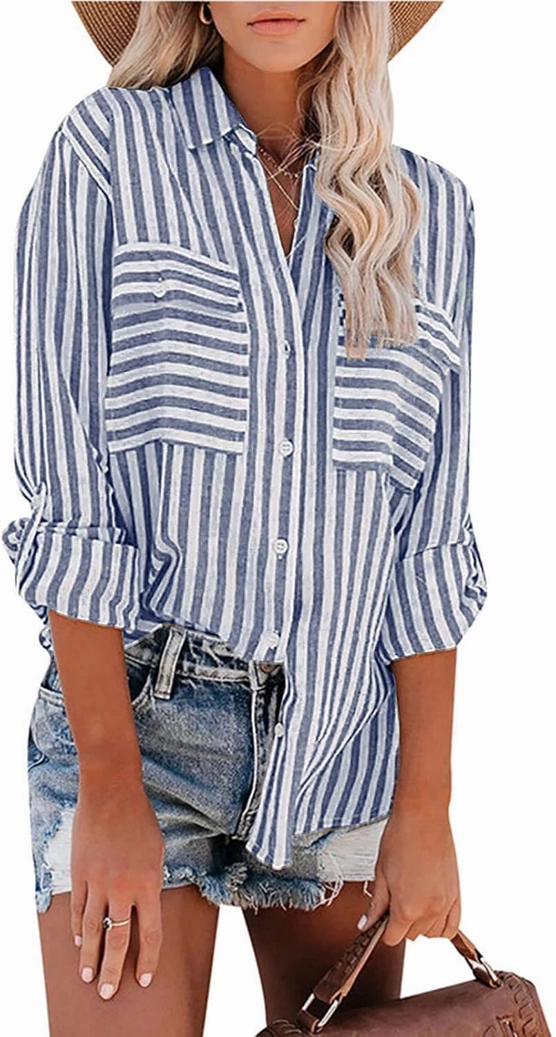 Womens Button Down Lapel Stripe Cotton Linen Shirts Long Sleeve Blouse Tops Fall Fashion Tops Dress Casual