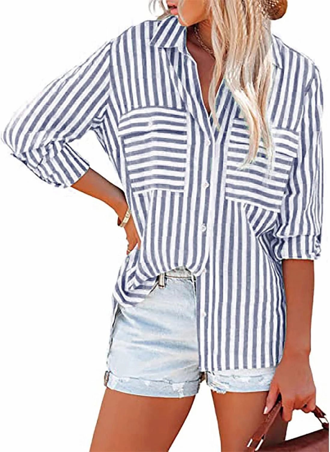 Womens Button Down Lapel Stripe Cotton Linen Shirts Long Sleeve Blouse Tops Fall Fashion Tops Dress Casual