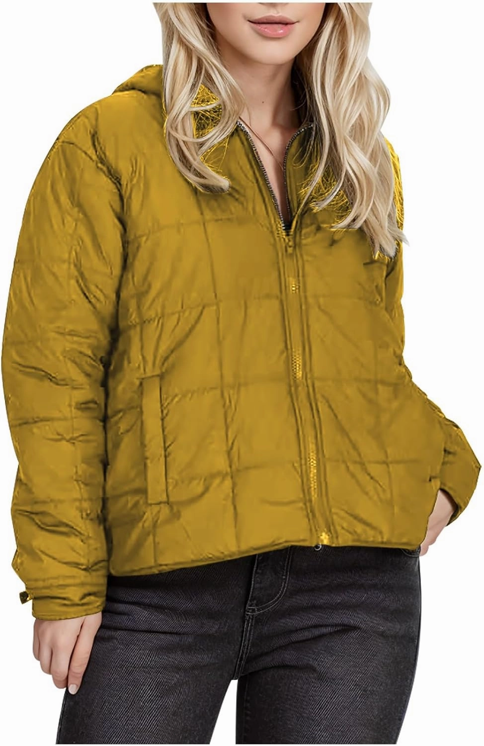 Womens Cropped Winter Coats Long Sleeve Zip Up Puffer Coat Warm Casual Lightweight Winter Jacket with Pockets