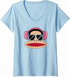 Womens Paul Frank Julius Big Face Headphones V-Neck T-Shirt
