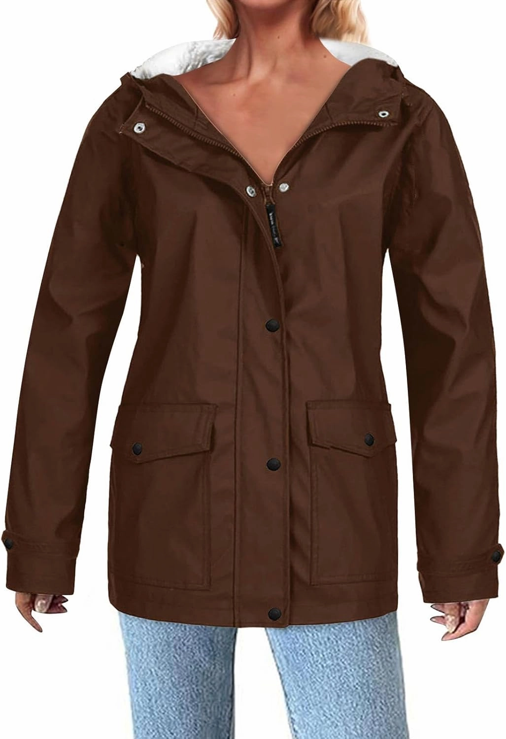 Womens Sherpa Lined Anoraks Jackets Waterproof Lightweight Warm Windbreaker Casual Outdoor Hiking Travel Trench Coats