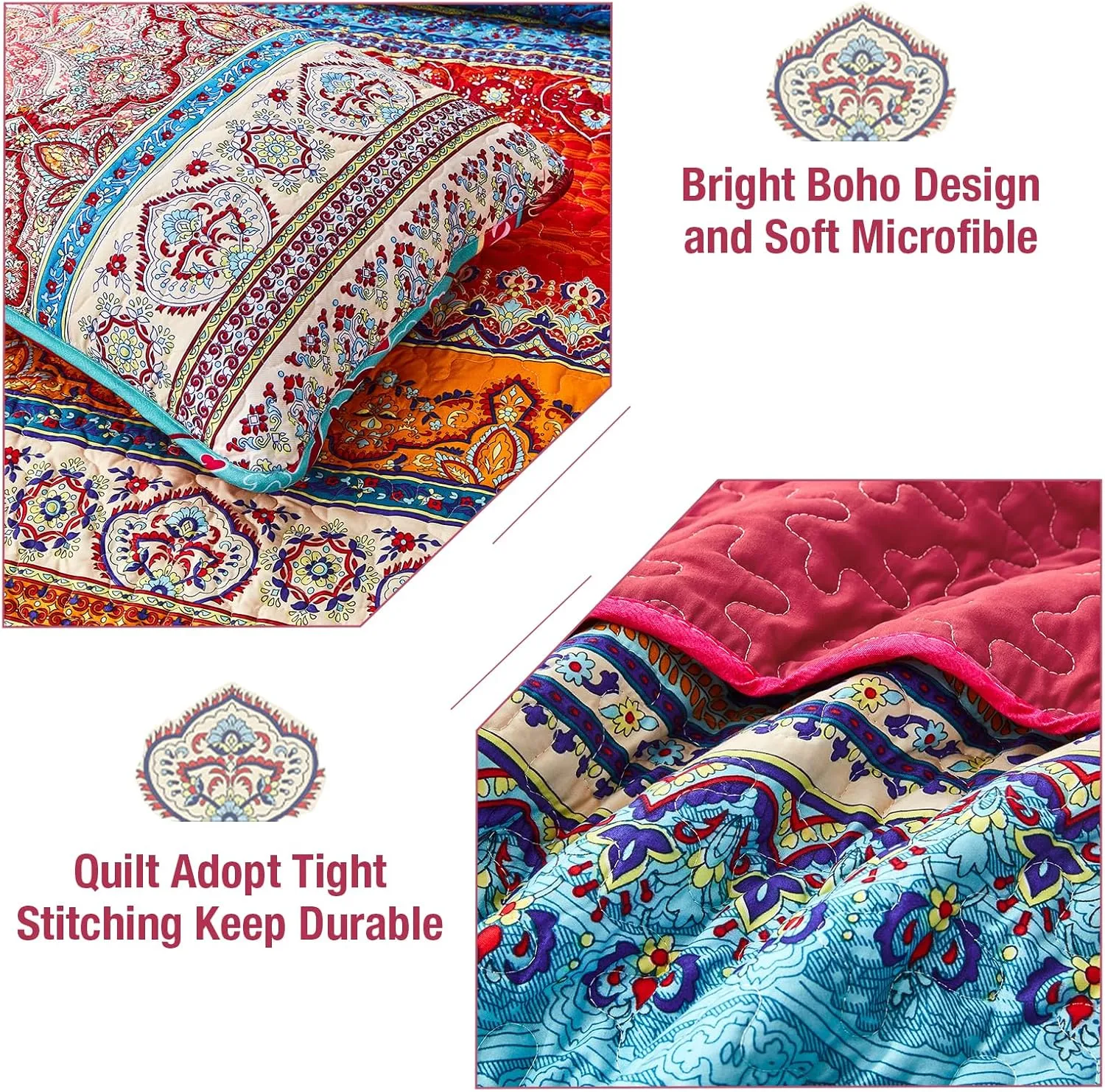 WONGS BEDDING Boho Quilt Set Queen Size, Bohemian Stripe 3 Pieces Christmas Quilts Bedspread Set Lightweight Microfiber All Season Bedding Coverlet Set for Queen Bed (96"x90")
