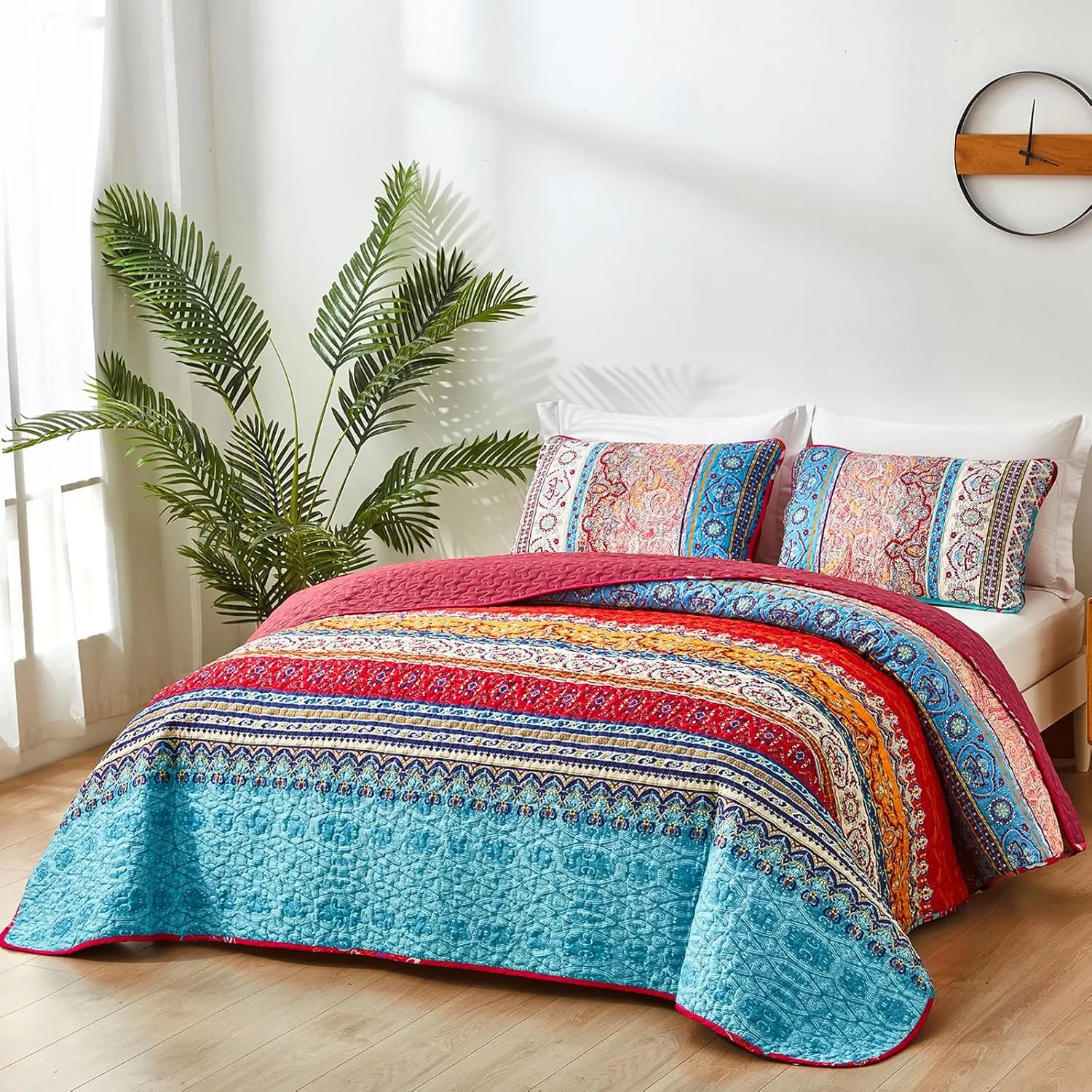 WONGS BEDDING Boho Quilt Set Queen Size, Bohemian Stripe 3 Pieces Christmas Quilts Bedspread Set Lightweight Microfiber All Season Bedding Coverlet Set for Queen Bed (96"x90")