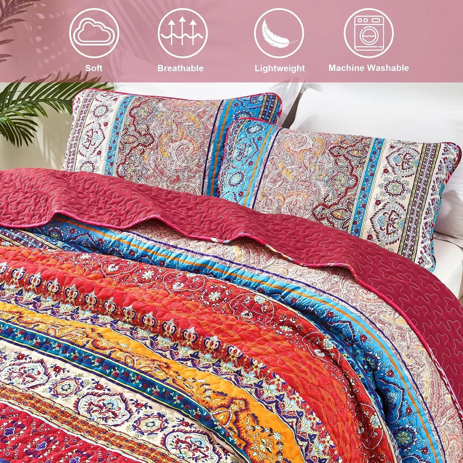 WONGS BEDDING Boho Quilt Set Queen Size, Bohemian Stripe 3 Pieces Christmas Quilts Bedspread Set Lightweight Microfiber All Season Bedding Coverlet Set for Queen Bed (96"x90")