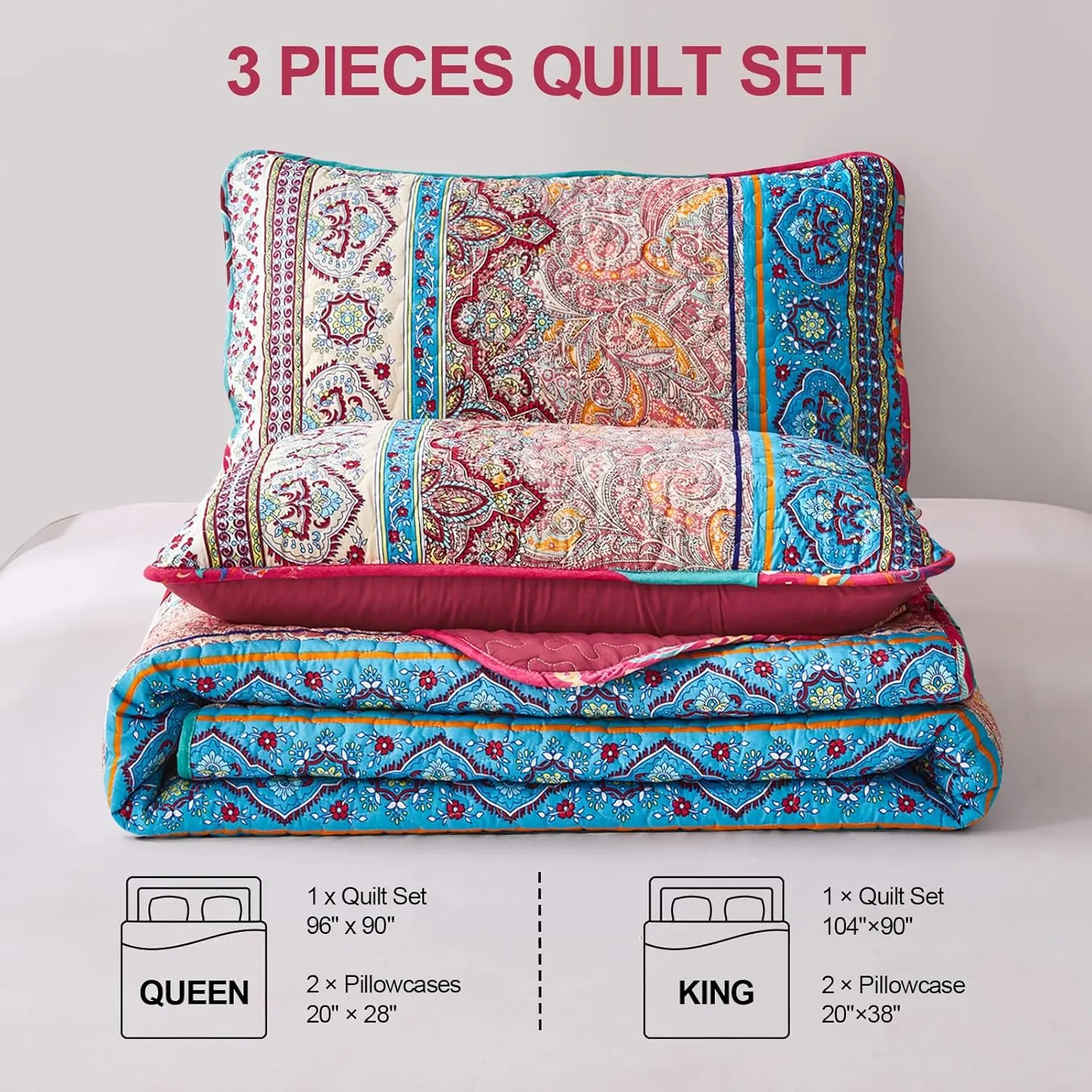WONGS BEDDING Boho Quilt Set Queen Size, Bohemian Stripe 3 Pieces Christmas Quilts Bedspread Set Lightweight Microfiber All Season Bedding Coverlet Set for Queen Bed (96"x90")