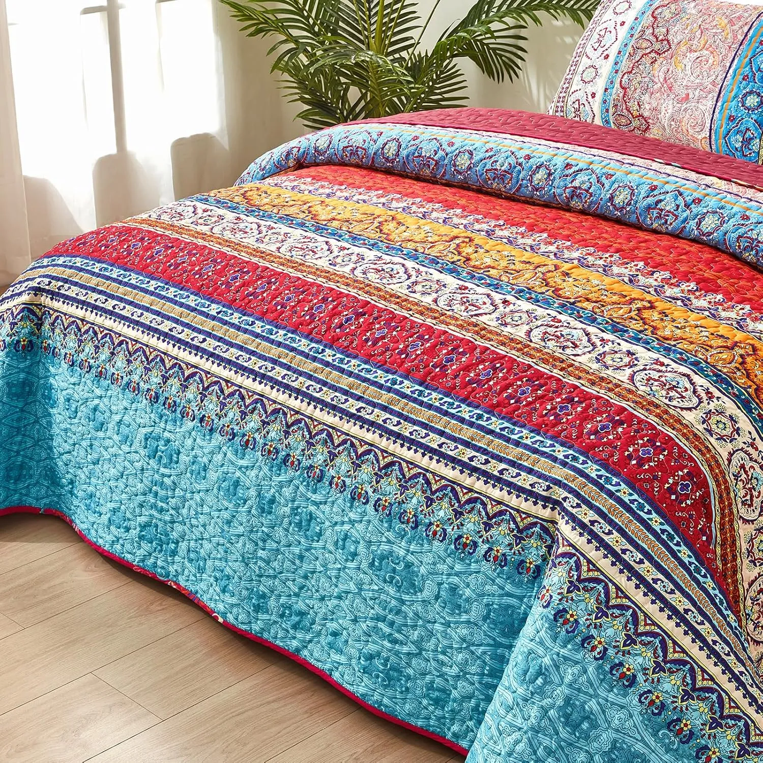 WONGS BEDDING Boho Quilt Set Queen Size, Bohemian Stripe 3 Pieces Christmas Quilts Bedspread Set Lightweight Microfiber All Season Bedding Coverlet Set for Queen Bed (96"x90")
