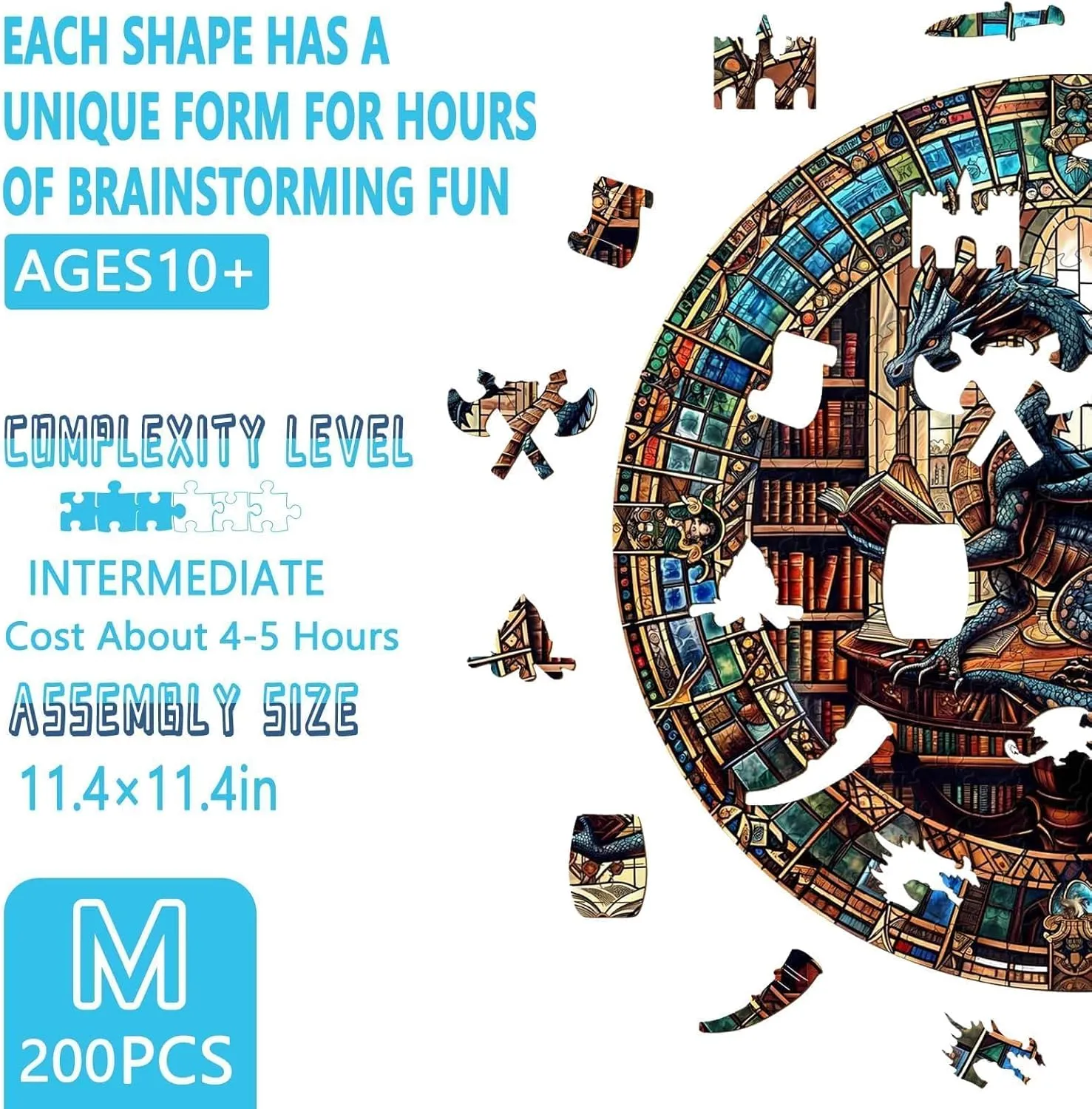 Wooden Puzzles for Adults - Dragon's Library Wooden Jigsaw Puzzle for Adults, Unique Shape Wood Puzzles Adult, Gifts for Friends and Family, Home Decor (M-11.4 * 11.4 in- 200 Pieces)