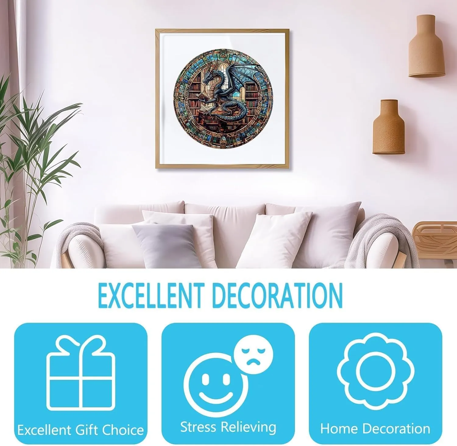 Wooden Puzzles for Adults - Dragon's Library Wooden Jigsaw Puzzle for Adults, Unique Shape Wood Puzzles Adult, Gifts for Friends and Family, Home Decor (M-11.4 * 11.4 in- 200 Pieces)