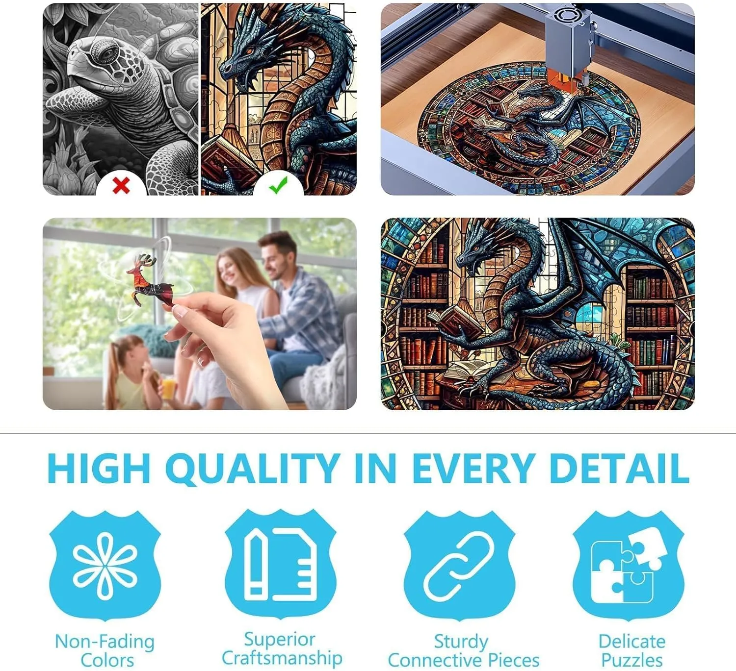 Wooden Puzzles for Adults - Dragon's Library Wooden Jigsaw Puzzle for Adults, Unique Shape Wood Puzzles Adult, Gifts for Friends and Family, Home Decor (M-11.4 * 11.4 in- 200 Pieces)