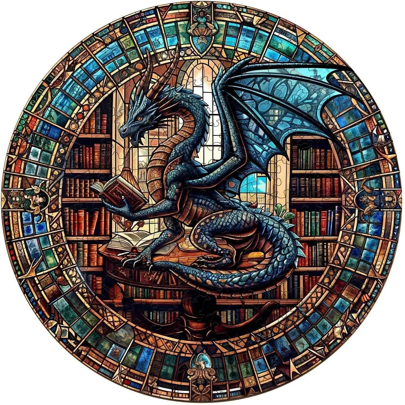Wooden Puzzles for Adults - Dragon's Library Wooden Jigsaw Puzzle for Adults, Unique Shape Wood Puzzles Adult, Gifts for Friends and Family, Home Decor (M-11.4 * 11.4 in- 200 Pieces)