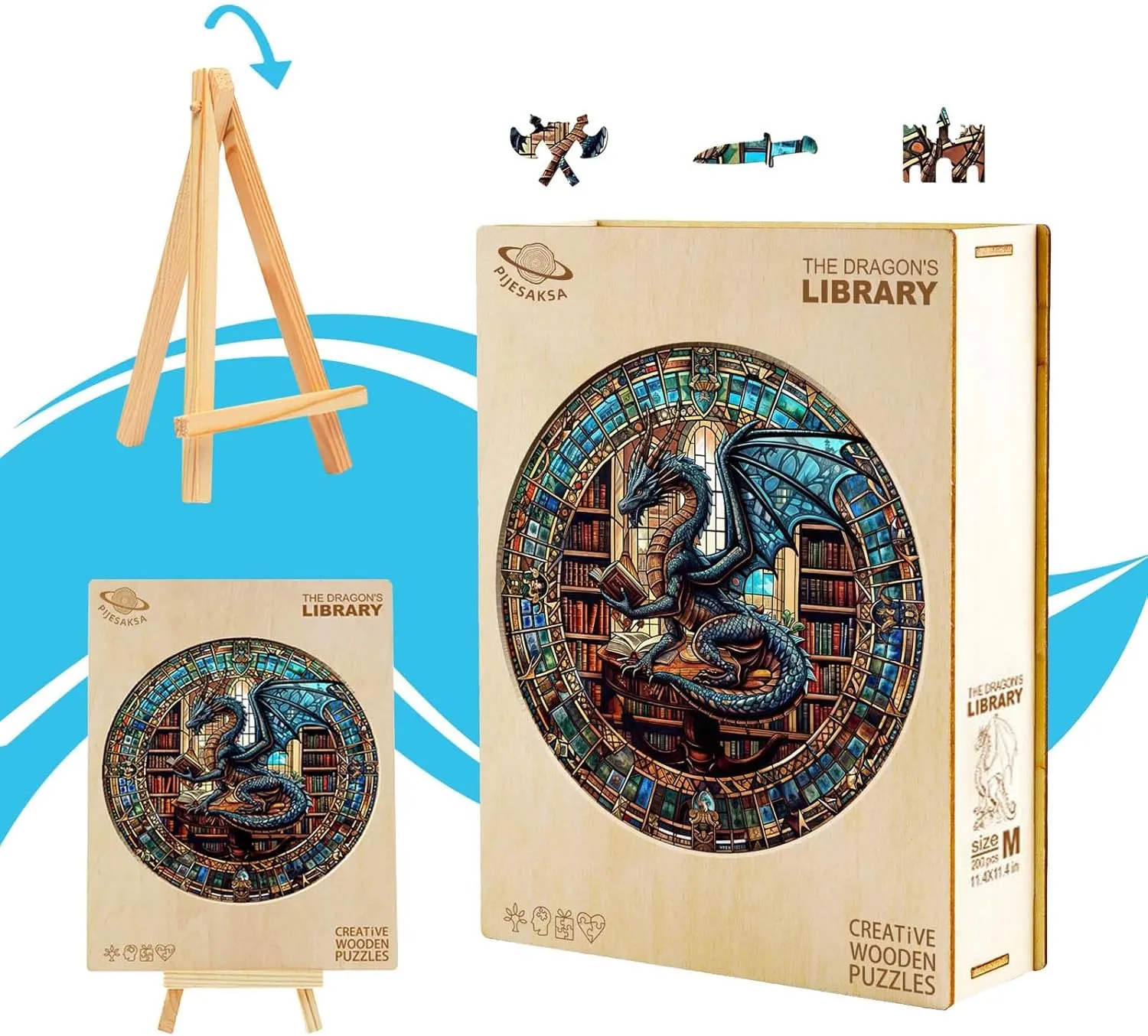 Wooden Puzzles for Adults - Dragon's Library Wooden Jigsaw Puzzle for Adults, Unique Shape Wood Puzzles Adult, Gifts for Friends and Family, Home Decor (M-11.4 * 11.4 in- 200 Pieces)