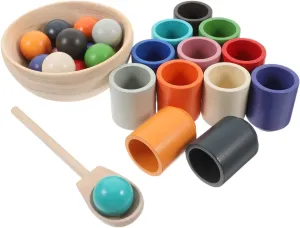 Wooden Sorting Balls and Cups Toy Set for Kids, 12 Assorted Colors, Educational Early Learning Plaything, Synthetic Material