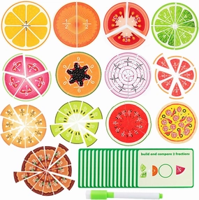 Wooden Fruit Fractions Circles, Fractions Resources for Children Math, Food Theme Educational Toys Math Games, Montessori Math Learning Game, 91 Pieces(with 20 Question Cards)Elementary School Age 6 