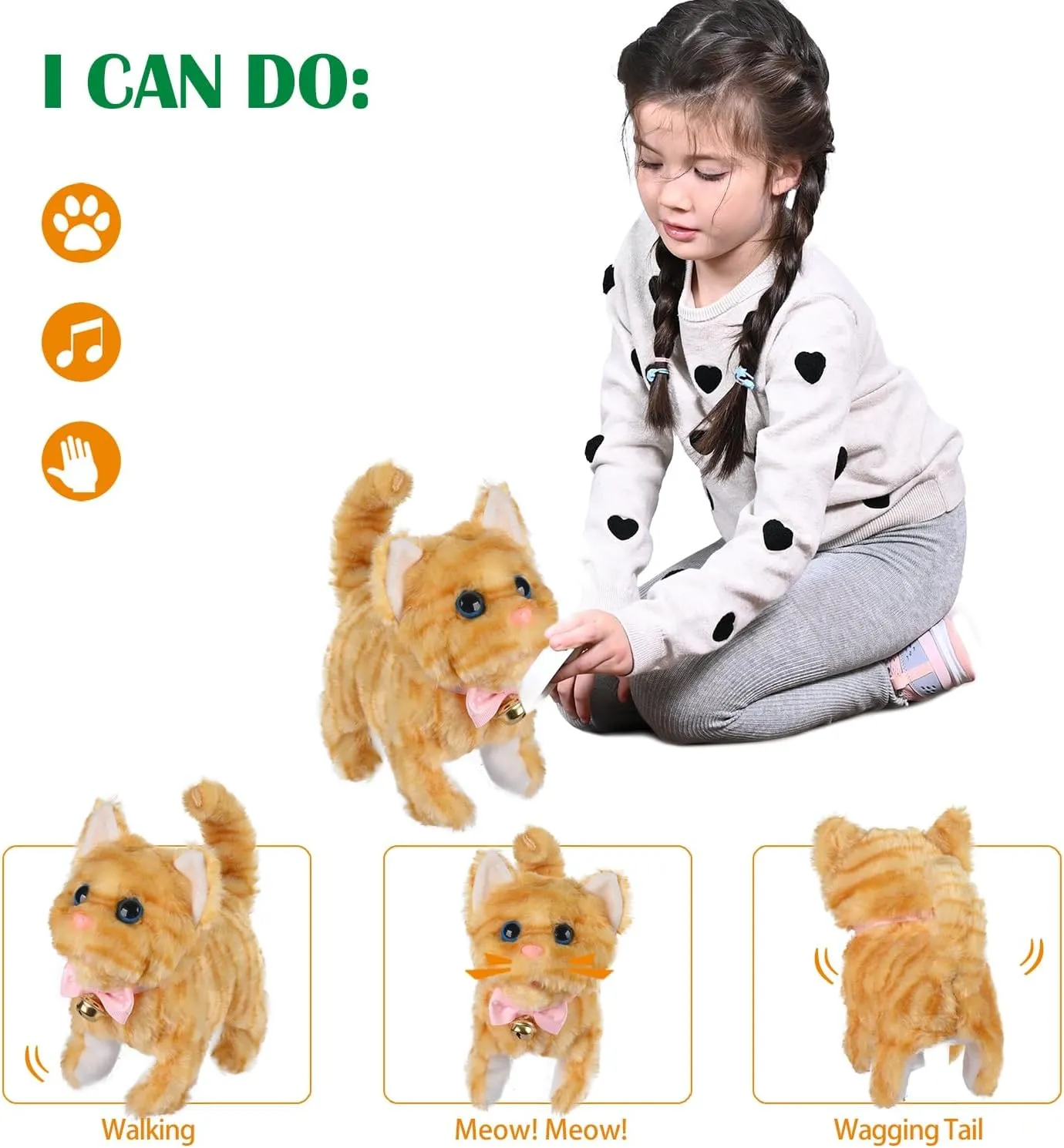 WorWoder Electronic Plush Interactive Cats for Kids That Move and Meow Waliking Lifelike Interactive Toy pet Stuffed Kitten for Girls Kids (Yellow Stripes)