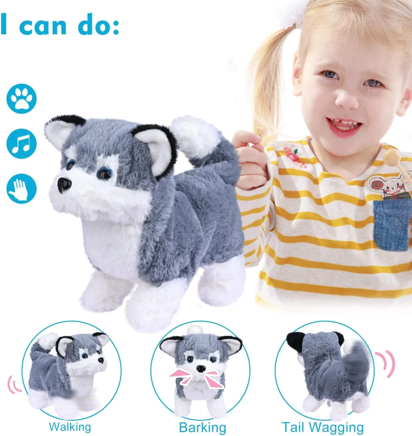 WorWoder Plush Alaska Toy Puppy Electronic Interactive Pet Dog - Walking, Barking, Tail Wagging, Stretching Companion Animal for Kids (Alaska Dog)