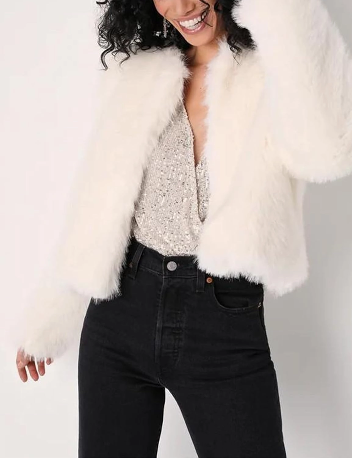 Wyeysyt Women's Cropped Faux Fur Jacket Winter Fashion Long Sleeve Open Front Cardigan Fluffy Shaggy Warm Short Coat