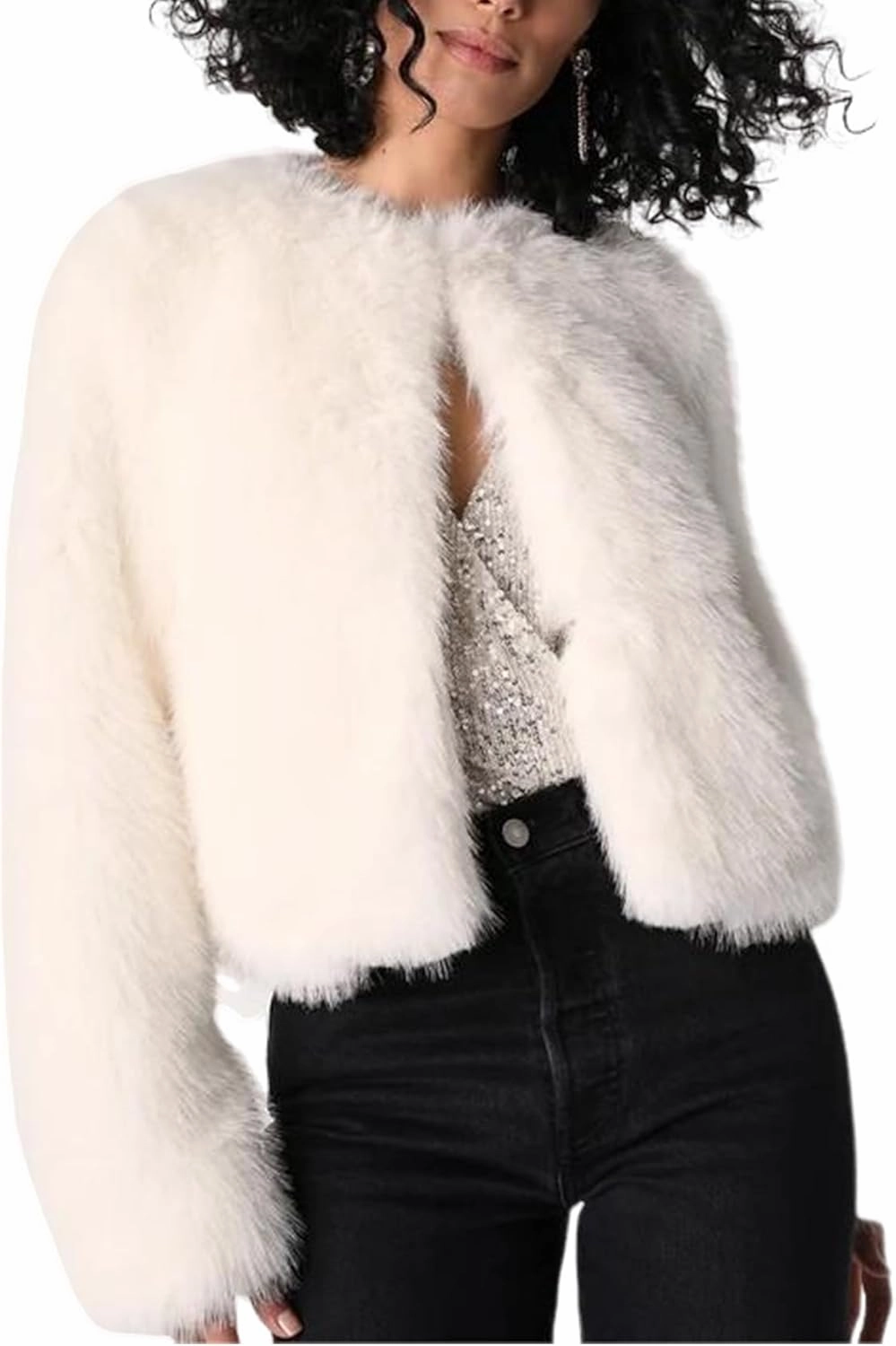 Wyeysyt Women's Cropped Faux Fur Jacket Winter Fashion Long Sleeve Open Front Cardigan Fluffy Shaggy Warm Short Coat