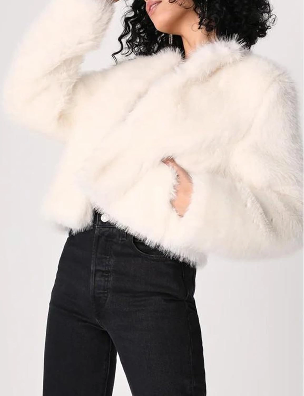 Wyeysyt Women's Cropped Faux Fur Jacket Winter Fashion Long Sleeve Open Front Cardigan Fluffy Shaggy Warm Short Coat