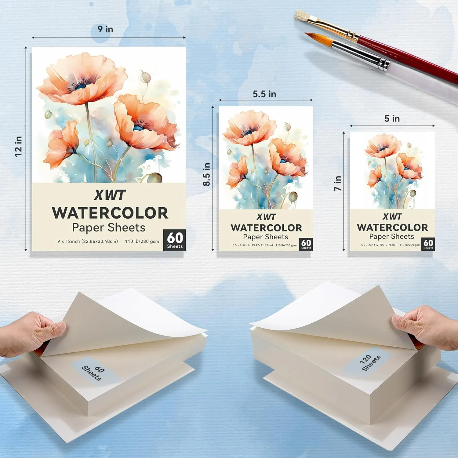 XWT Watercolor Paper Bulk 60 Sheets, 9x12in 110lb/230gsm, Cold Pressed Textured Water Color Paper, Art Supplies for Drawing, Painting, Card Making, Gift for Artists, Students, Kids on Christmas