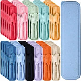 Yahenda 55 Sets Reusable Travel Utensils Set with Case Wheat Straw Cutlery Portable Spoon Knife Fork Tableware Lunch Box Bulk for Adults Travel Picnic Camping Utensils Gifts (Colorful Colors)