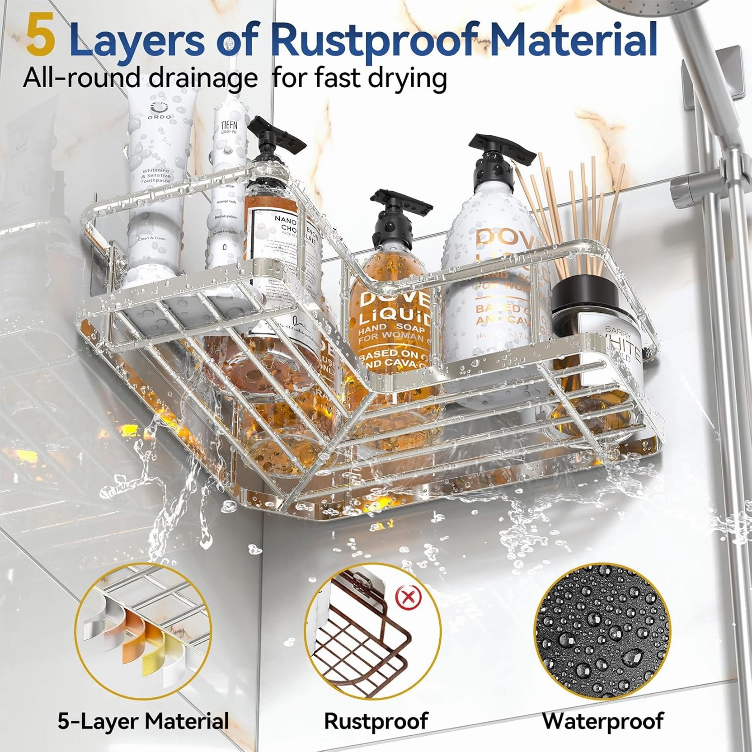 YASONIC Corner Shower Caddy Organizer, 5-Pack Self-Adhesive Rustproof Bath Shelves with Soap Holder & 4 Hooks, Large Capacity Shower Storage Rack for Bathroom Organization, Silver