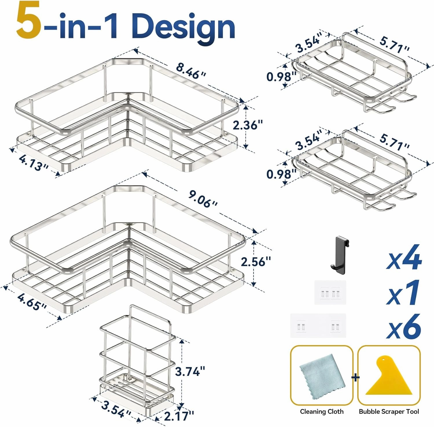 YASONIC Corner Shower Caddy Organizer, 5-Pack Self-Adhesive Rustproof Bath Shelves with Soap Holder & 4 Hooks, Large Capacity Shower Storage Rack for Bathroom Organization, Silver