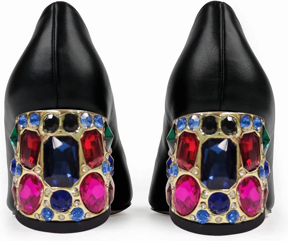 YDN Women's Pointed Toe Bow Pumps Colorful Rhinestone Block Low Heel Butterfly Slip On Fashion Party Dance Shoes Size 4-15 US