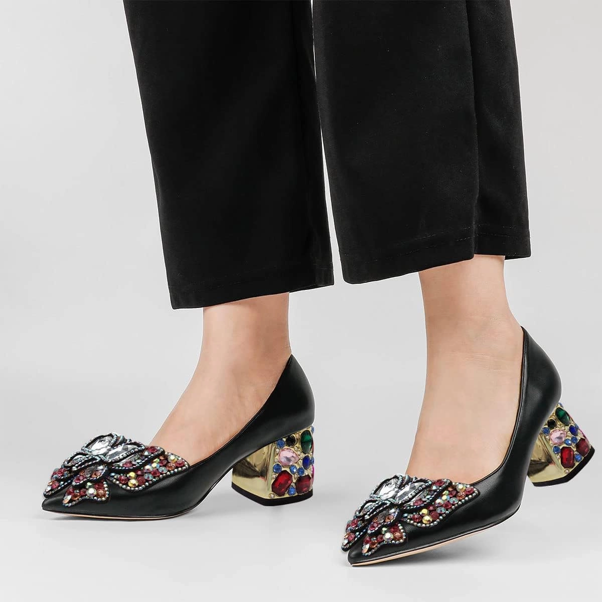 YDN Women's Pointed Toe Bow Pumps Colorful Rhinestone Block Low Heel Butterfly Slip On Fashion Party Dance Shoes Size 4-15 US