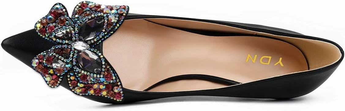YDN Women's Pointed Toe Bow Pumps Colorful Rhinestone Block Low Heel Butterfly Slip On Fashion Party Dance Shoes Size 4-15 US