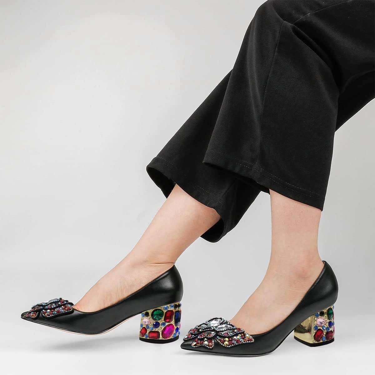 YDN Women's Pointed Toe Bow Pumps Colorful Rhinestone Block Low Heel Butterfly Slip On Fashion Party Dance Shoes Size 4-15 US