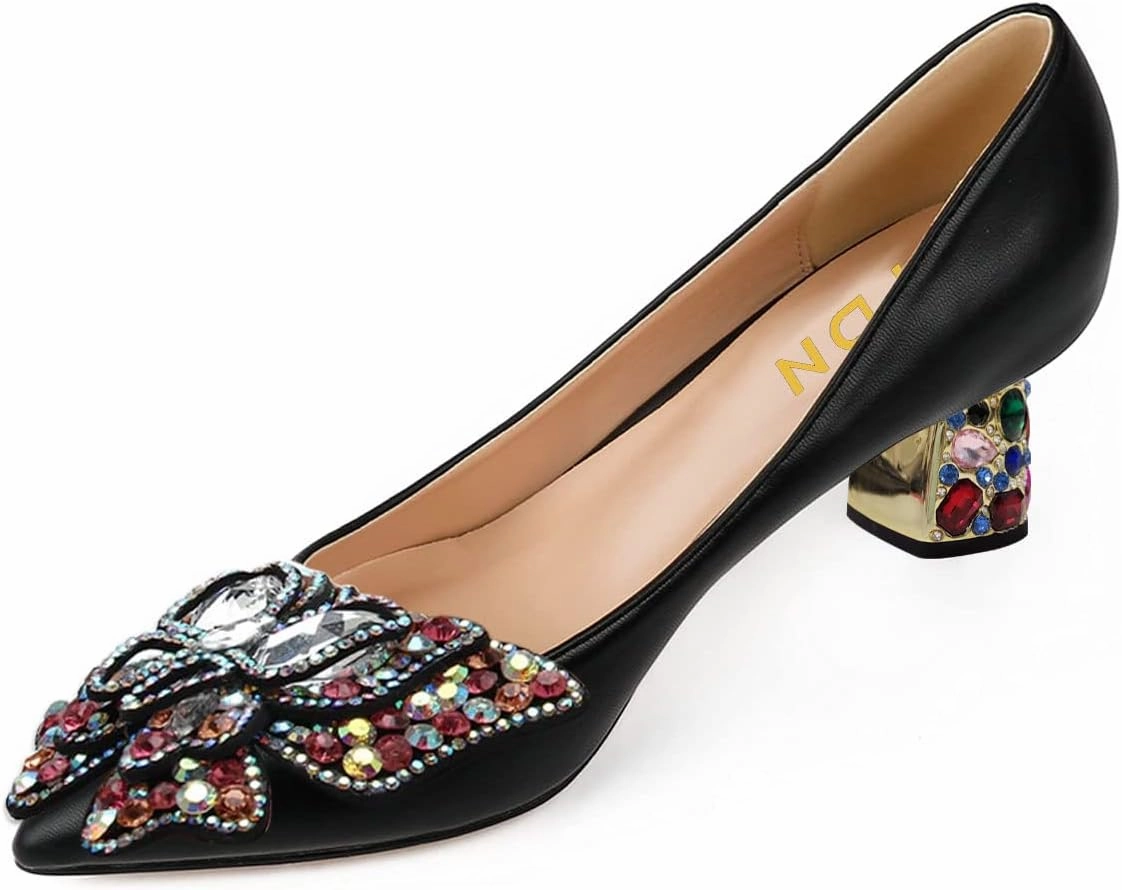 YDN Women's Pointed Toe Bow Pumps Colorful Rhinestone Block Low Heel Butterfly Slip On Fashion Party Dance Shoes Size 4-15 US