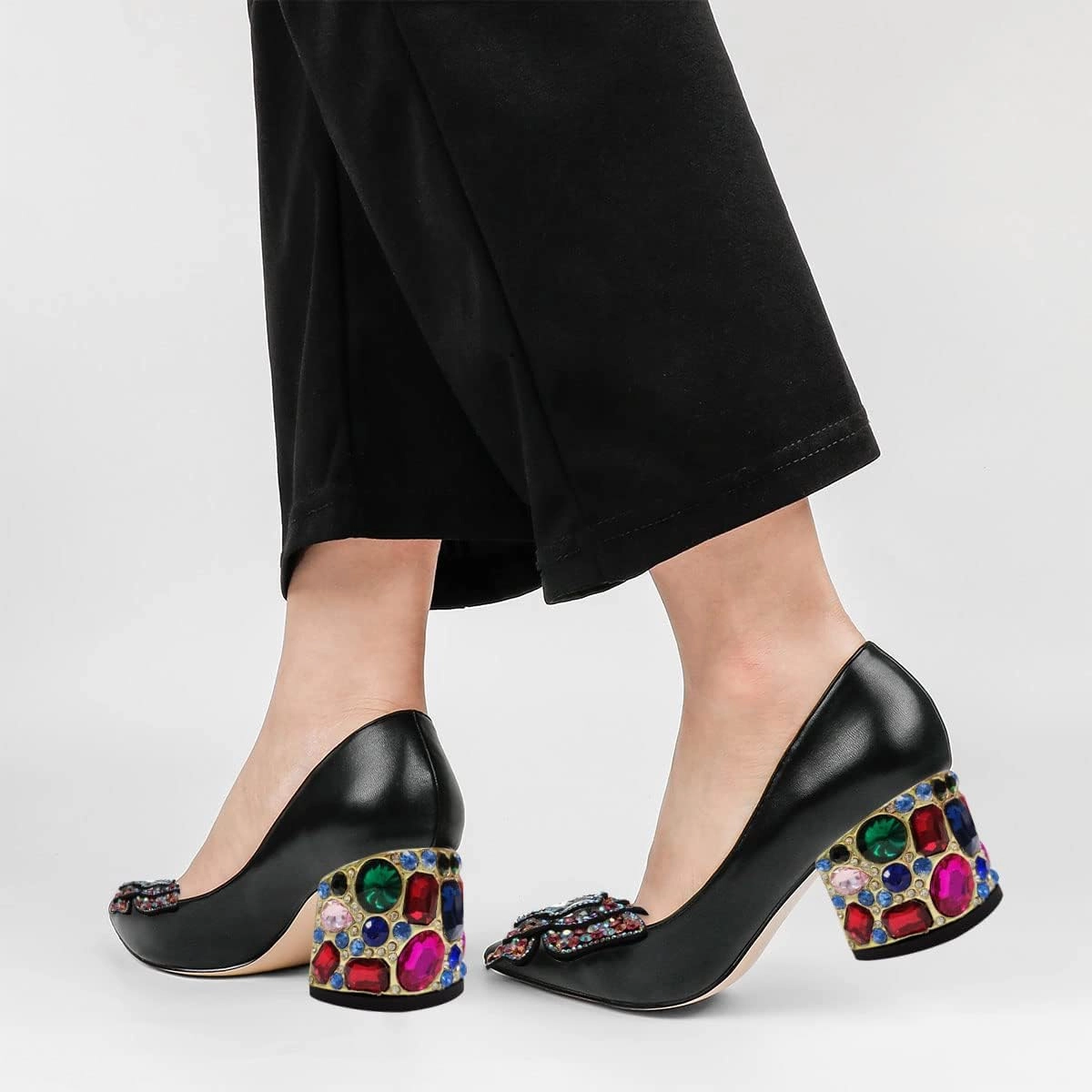 YDN Women's Pointed Toe Bow Pumps Colorful Rhinestone Block Low Heel Butterfly Slip On Fashion Party Dance Shoes Size 4-15 US