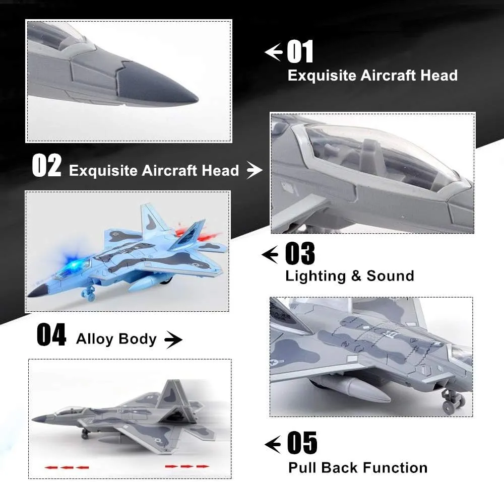 YEIBOBO ! F-22 Fighter - 1/100 Diecast Airplane Model Pull Back Fighter Toy (Blue)
