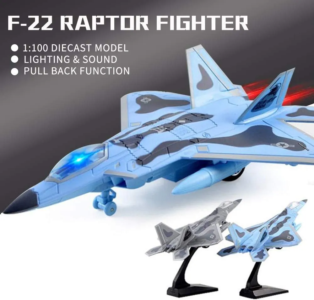 YEIBOBO ! F-22 Fighter - 1/100 Diecast Airplane Model Pull Back Fighter Toy (Blue)