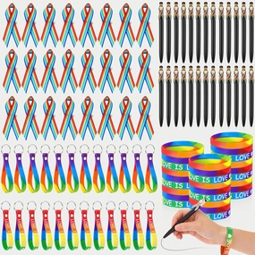 Yexiya 96 Pcs Rainbow Pride Accessories Gift Set, Include Pride Keychain Rainbow Pin Silicone Bracelet Ballpoint Pen Bulk for Lgbt Day Party Supplies Favors