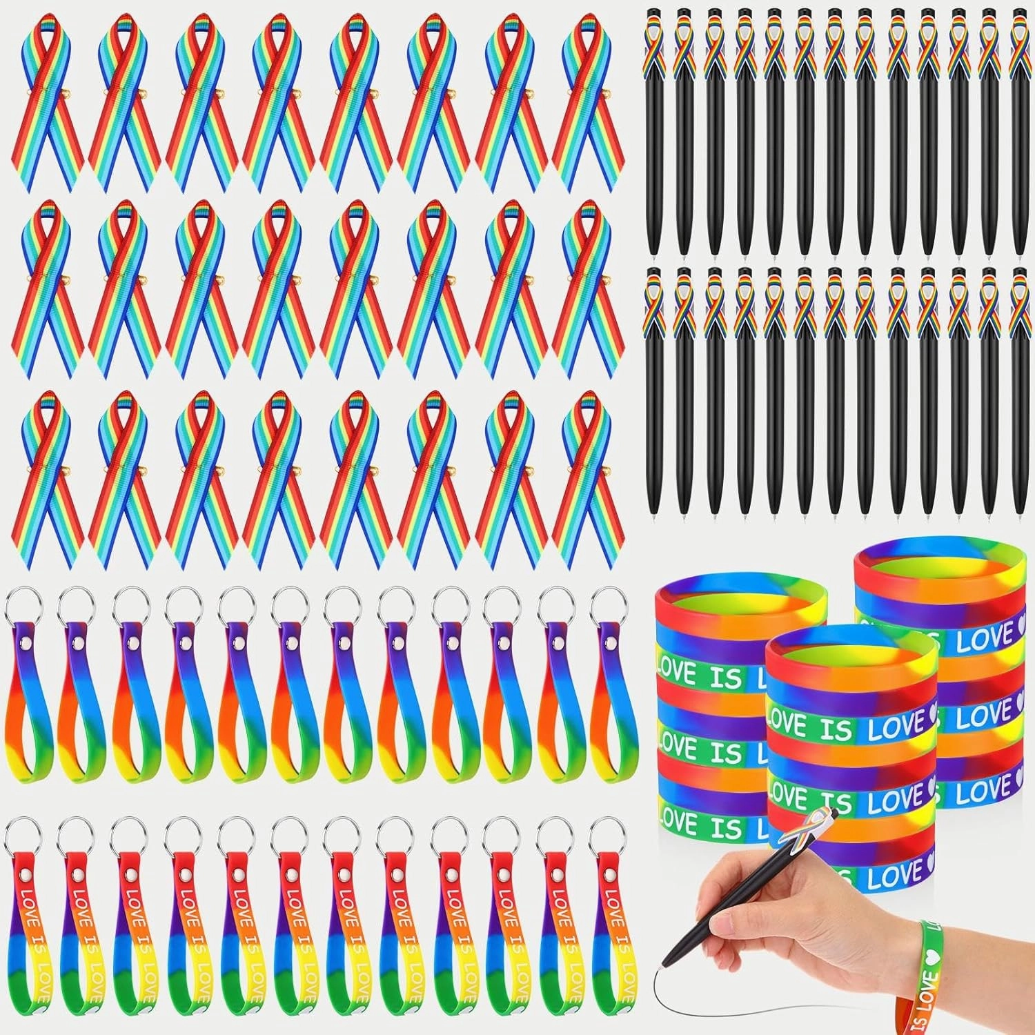 Yexiya 96 Pcs Rainbow Pride Accessories Gift Set, Include Pride Keychain Rainbow Pin Silicone Bracelet Ballpoint Pen Bulk for Lgbt Day Party Supplies Favors